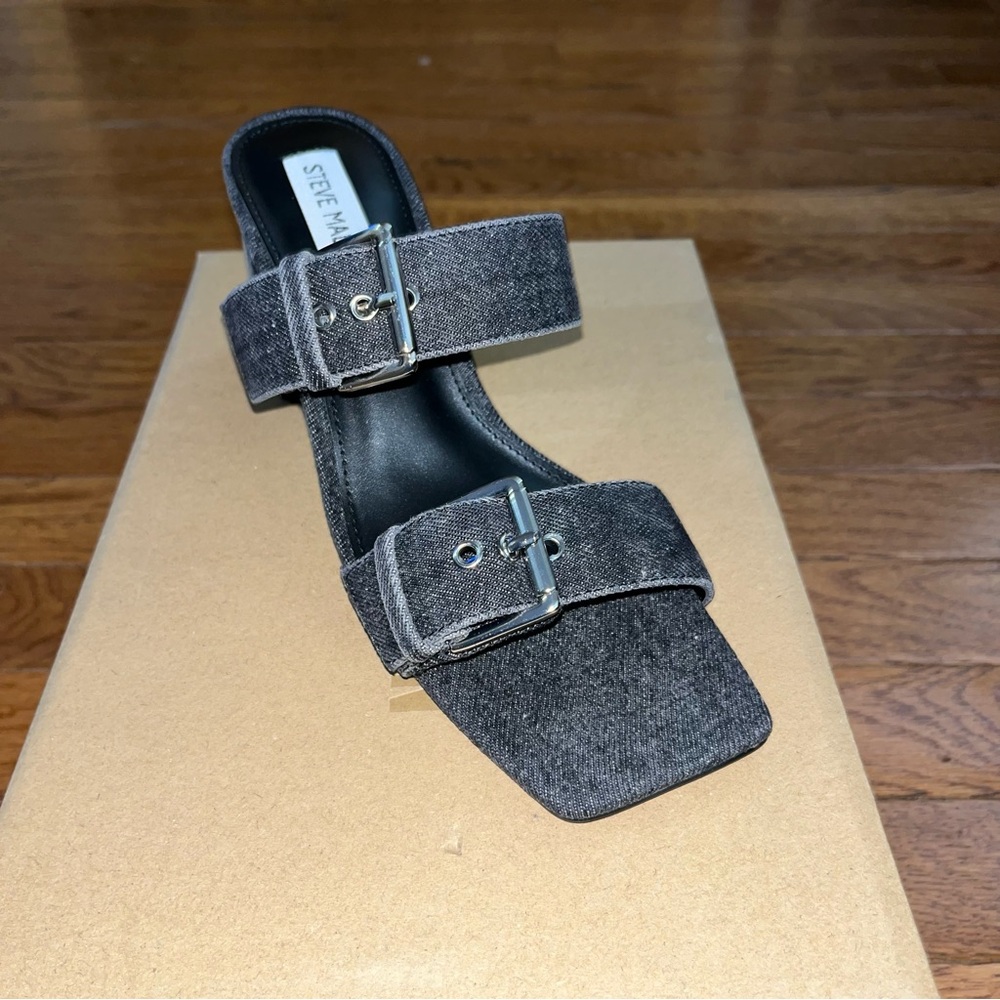 Steve Madden Menna Double Buckle Denim Sandals Black Denim Women’s Size 7 - Picture 7 of 14